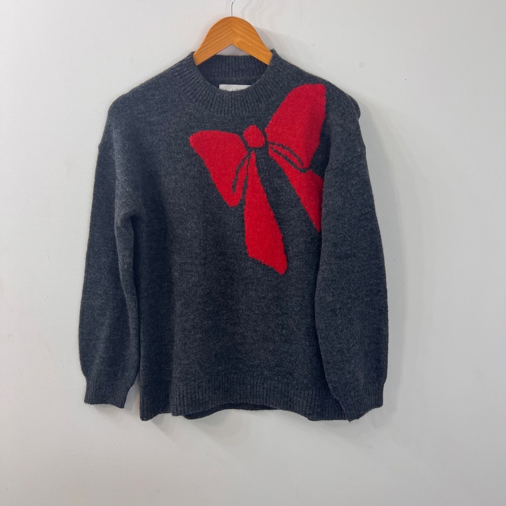 Loft Petites Gray Red Bow Intarsia Crew Neck Sweater Medium Holiday Soft